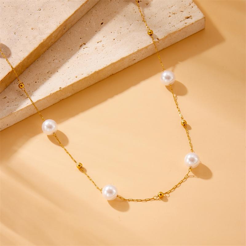 DIEYURO 316L Stainless Steel Round Pearl Simplicity Necklace Bracelet For Women New Trend Golden Non-fading Jewelry Set