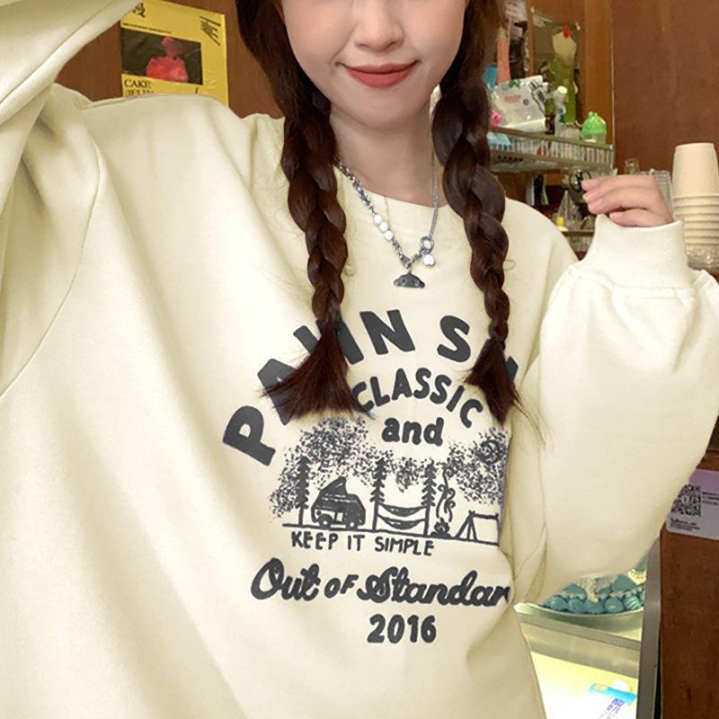 Мягкая свободная повседневная толстовка для женщин на осень и зиму, винтажная круглая горловина, длинный рукав, базовая рубашка, топ, корейская женская одежда