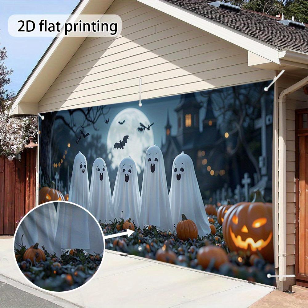 One large Halloween garage door decoration - ghosts, pumpkin lanterns, bats and the moonzyc