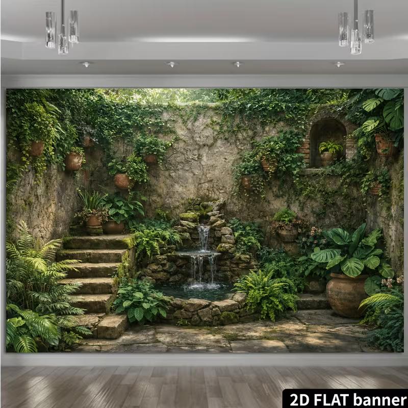 2D Vintage Walled Garden Waterfall with Lush Greenery Backdrop Photo Background