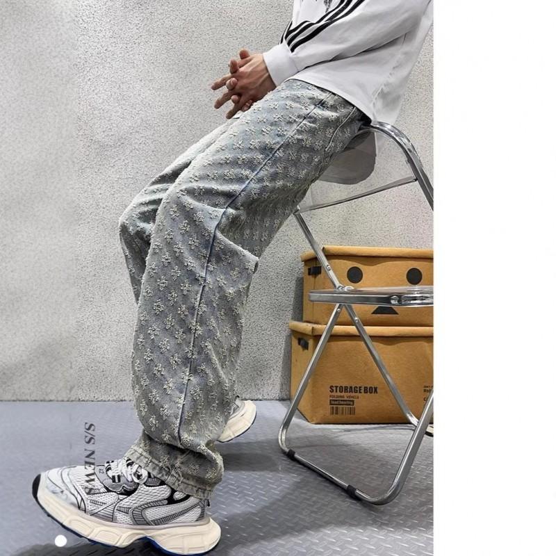 Mens Straight Leg Jeans Loose Fit Vintage Washed Denim Pants Casual Daily Wear