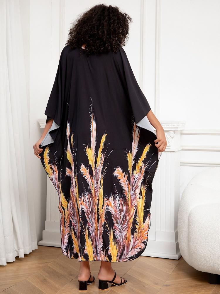 EDOLYNSA Черный женский халат-кафтан, свободный халат с v-образным вырезом, китайский узел, длинное платье, вечерние богемные купальники, накидка Q1289