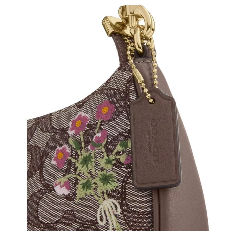 Coach Teri 20 Signature Жаккардовая Сумка на Плечо с Цветочной Вышивкой Кожаная Маленькая Женская Темно-Коричневая