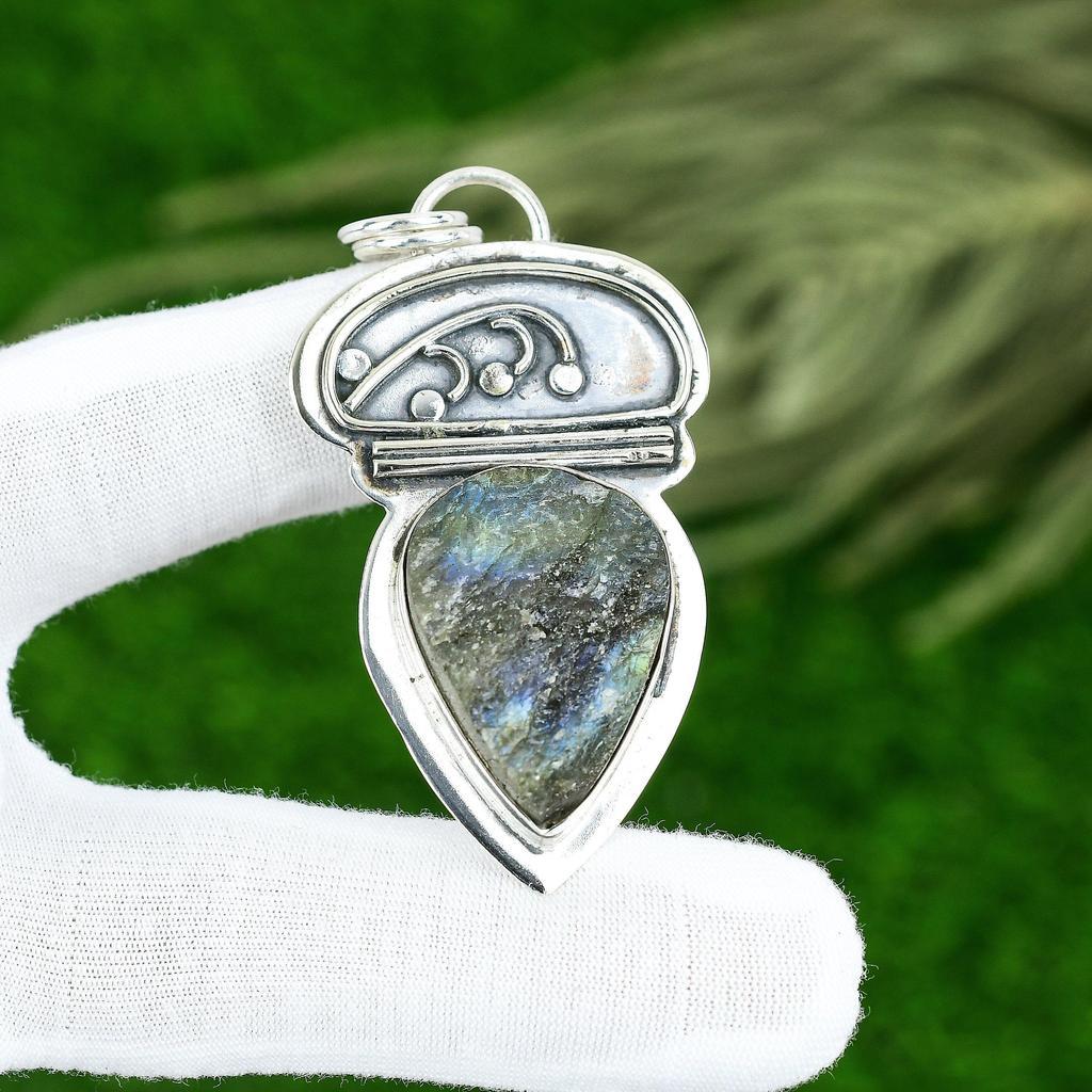 Friendship Day Sale 925 Silver Pear Labradorite Rough Gemstone Daughter Pendant