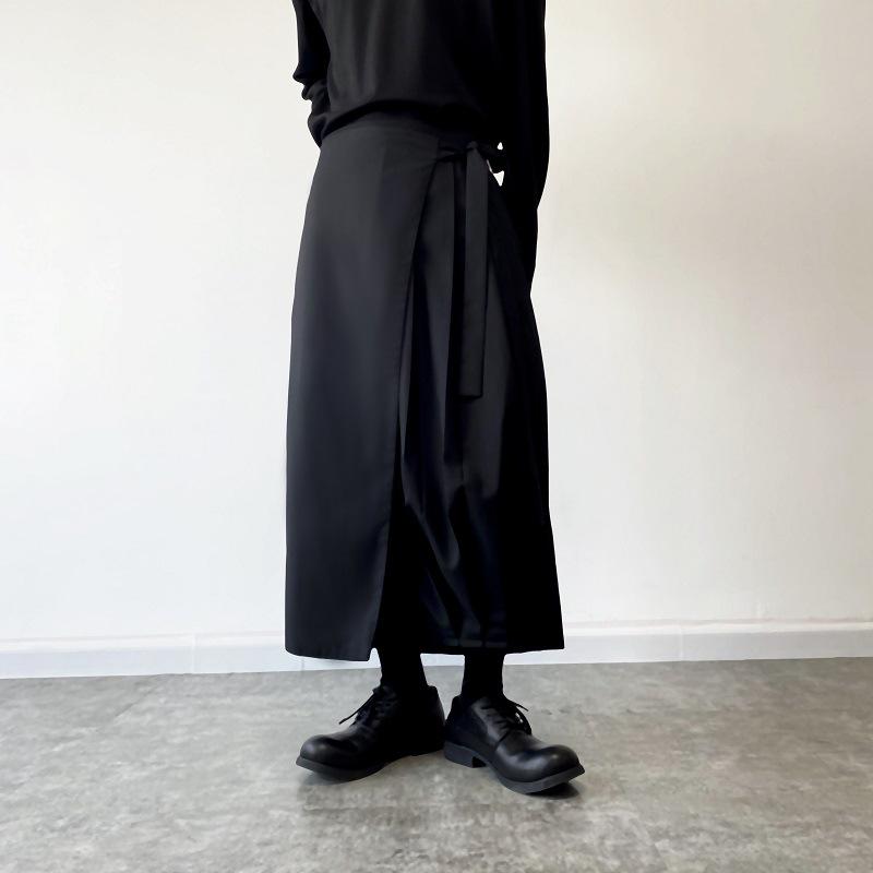 Yamamoto-Style Dark Drape Cropped Pleated Pants Skirt with Straps for Men & Women