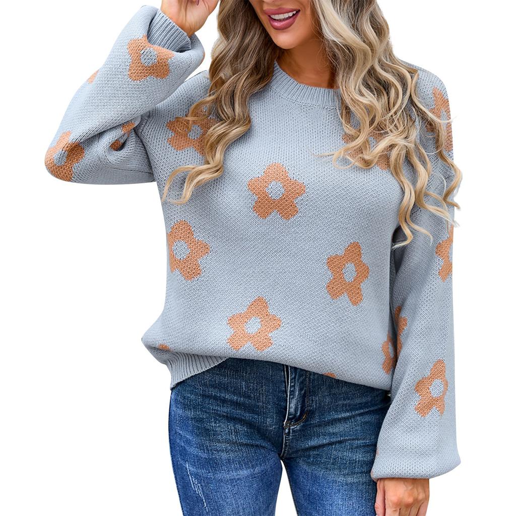 Женский повседневный модный удобный пуловер с круглым вырезом контрастного цвета с цветочным принтом и длинным рукавом уличный тренд вязаный свитер