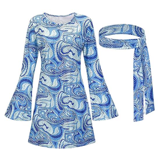 1 комплект, женское платье, комплект с повязкой на голову, ретро с пайетками и рукавами-колокольчиками, свободный крой, с принтом, Хэллоуин, косплей, хиппи, дискотека, танцевальная вечеринка, бронзовое вечернее платье