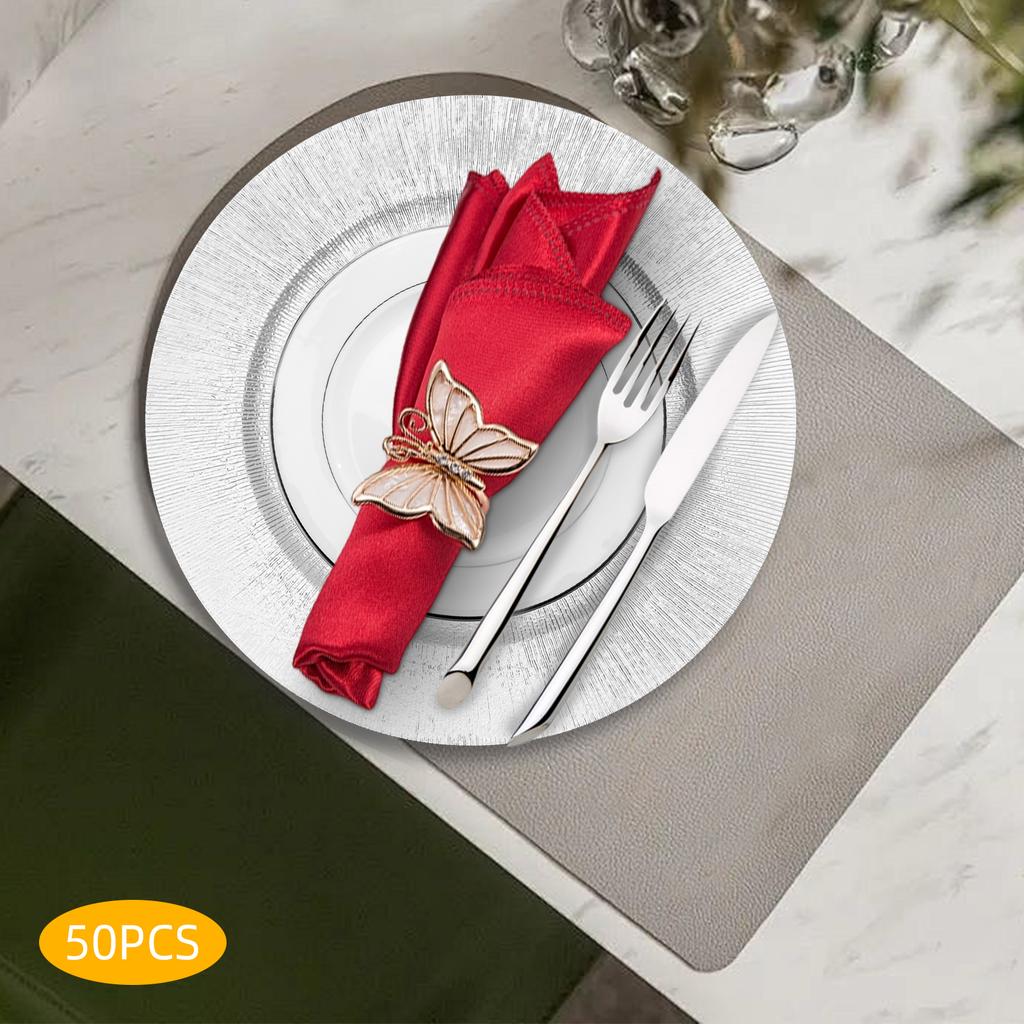 Набор из 50 серебряных подстановочных тарелок - Круглые современные одноразовые тарелки для свадьбы, вечеринки, банкета - Элегантные сервировочные подносы из ПП-пластика