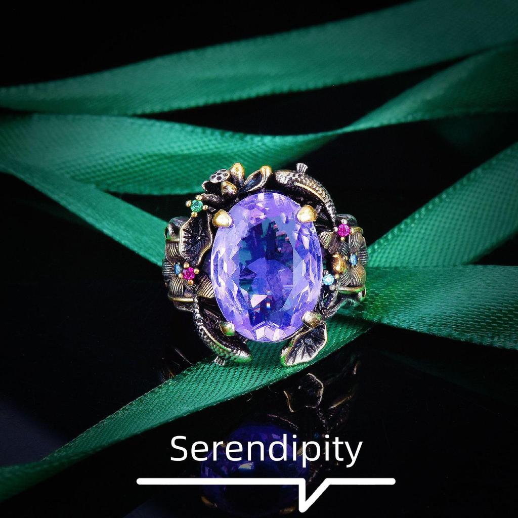 Итальянский ретро-филигранный комплект украшений «Двойная рыба-лотос»: Браслет «Листья лотоса», подвеска с драгоценными камнями, серьги и кольцо.