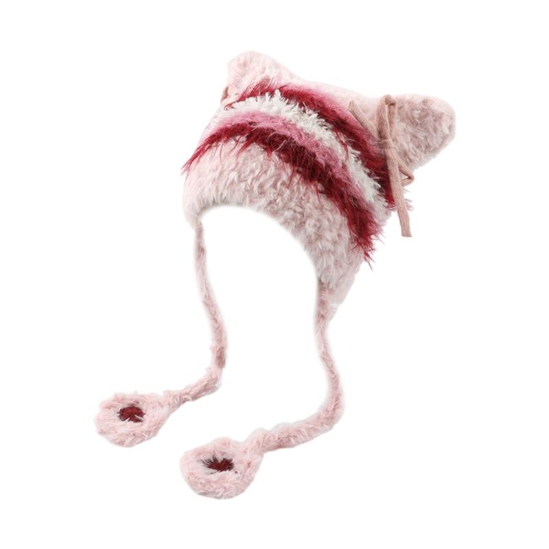 Furry Cartoon Head Cover with Ear for Outdoor Sports Striped Hat with Ear Oversized Headgear Hat for Winter