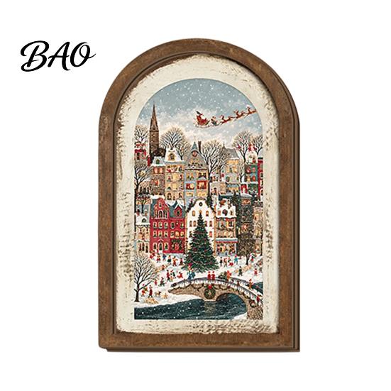Indoor Christmas Ornament Set Vintage Arched Wooden Photo Frame with Illustration, Retro Distressed Wall Art for Holiday Tabletop Desktop And