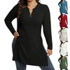 Women's Casual Solid-Color Half-Zip V-Neck Loose-Fit Side-Slit Long-Sleeve Top