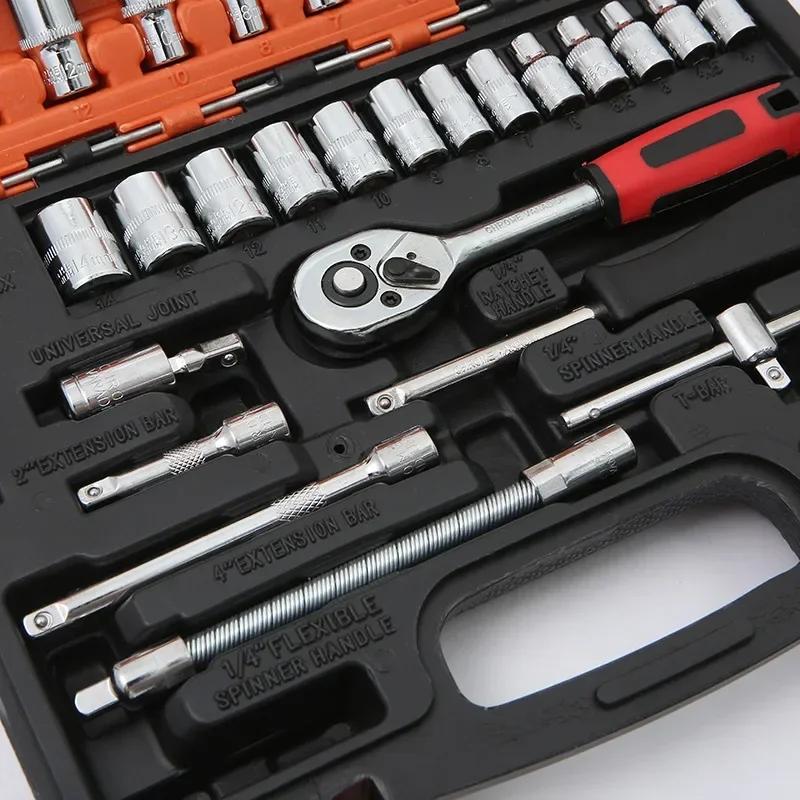 53PCs Drive Socket Set 1/4 Inch Ratchet Wrench Set with Sockets Metric Hex Bit Socket Set Mechanic Tool Kits for Auto Repair