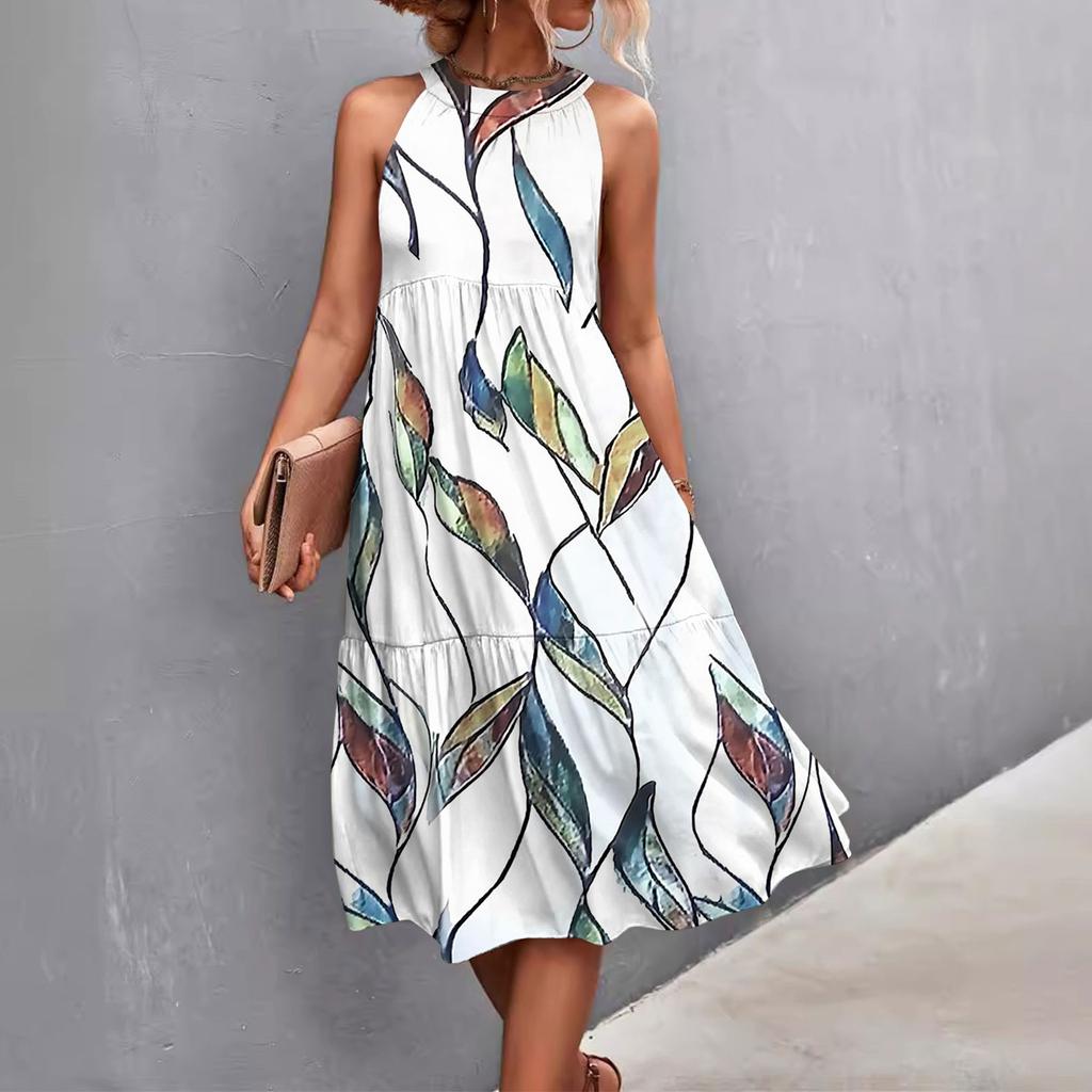 Женские летние свободные повседневные пляжные платья без рукавов с однотонным принтом и висячим вырезом