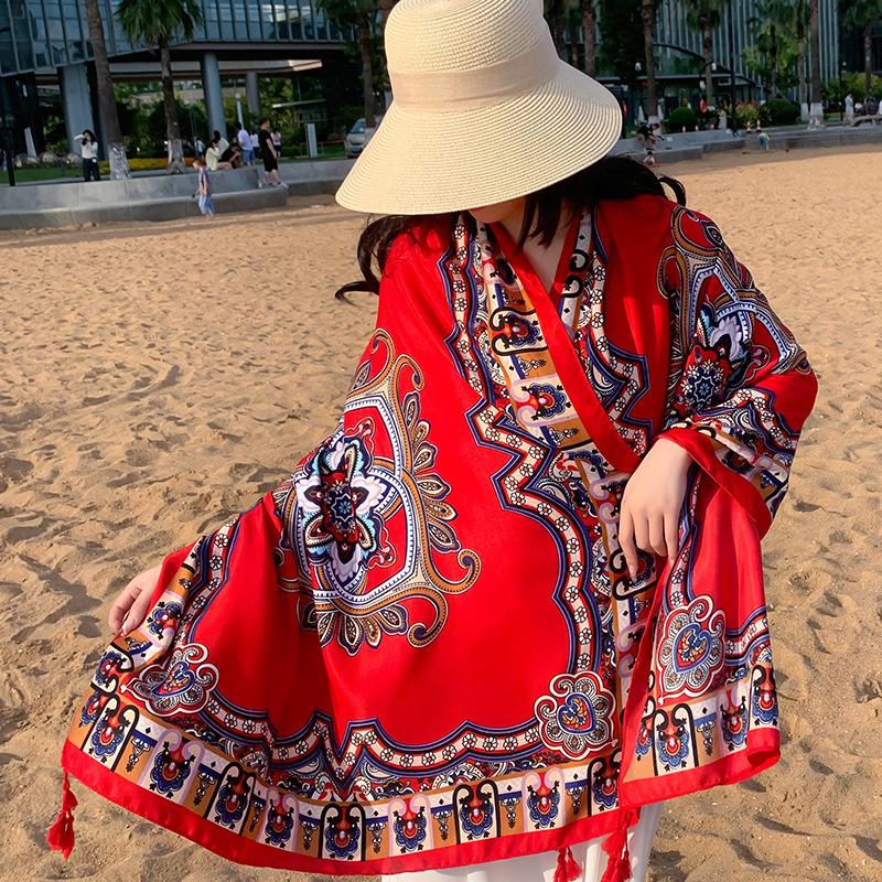 Summer cotton and linen feel scarf travel silk scarf sun protection air conditioner large shawl women's beach towel ethnic style scarf