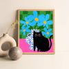Черный кот и маки принт синие цветы дневной постер кошка скандинавский абстрактный кот животное холст картина настенные картины декор