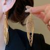 Exquisite Oval Hollow Long Tassel Dangle Earrings Gold Silver Exaggerated Ear Hook Light Luxury Ear Drop Ear Clip Women