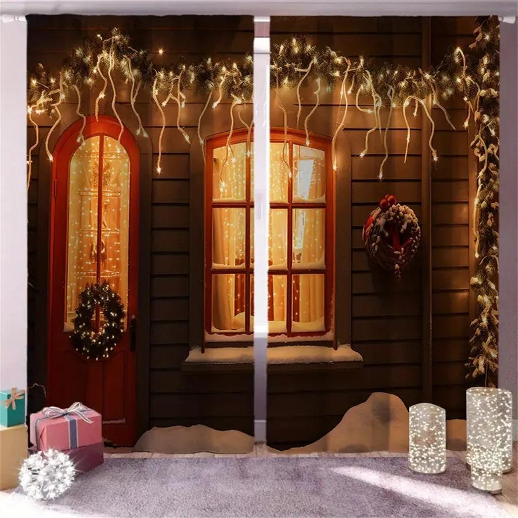 2Pcs Christmas Present Luxurious Christmas Decoration Curtains Festive Digital Print Holiday Decor Living Room Bedroom Kitchen