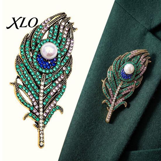 Peacock Feather Pin Vintage Brooch, Faux Pearl Rhinstone Lapel Rhinestone Dress Pin, Clothing Jewelry Accessories for Wedding Party Prom Coats