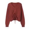 Fashion Temperament Drawstring Top Hollow Design Simple Long-sleeved Solid Color V-neck Knitted Sweater Skinny Women's Summer
