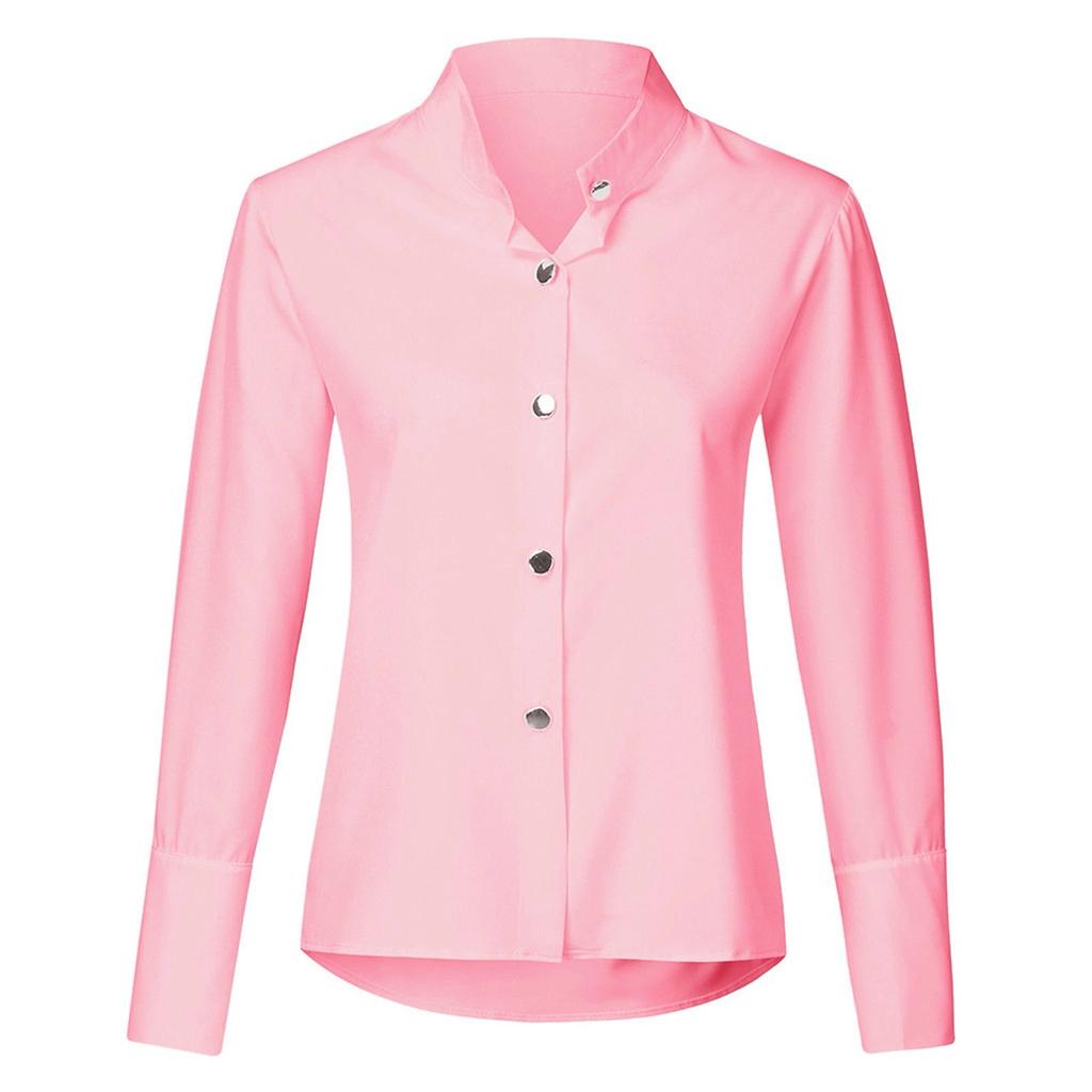 Women's Loose Fashion Shirts Solid Color Band Collar Long Sleeve Shirts Slim Tops