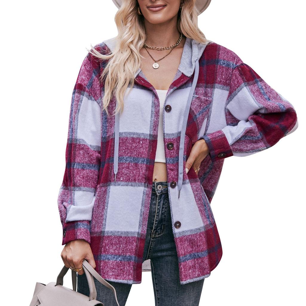 2024 New Autumn and Winter Fashion Simple Casual Hooded Plaid Shirt Loose and Comfortable Commuting Medium Length Women's Coat