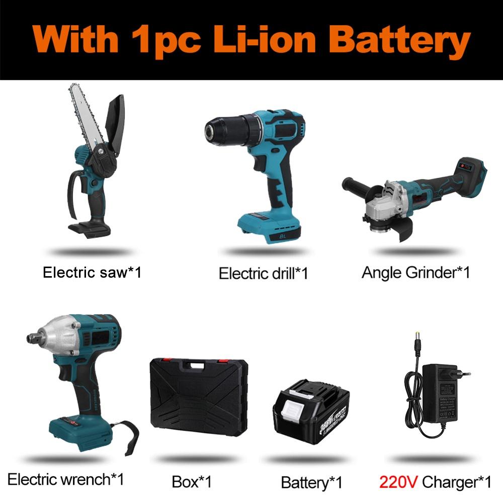 Набор электроинструментов Угловая шлифмашина Аккумуляторная цепная пила 125мм Электрический ударный гайковерт Электрическая дрель Отвертка Для аккумулятора 18В 4в1