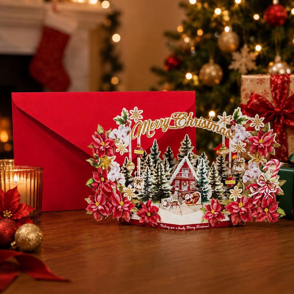 Laser Engraving 3D Pop Up Christmas Card Foil Stamped Xmas Gift Card New Year