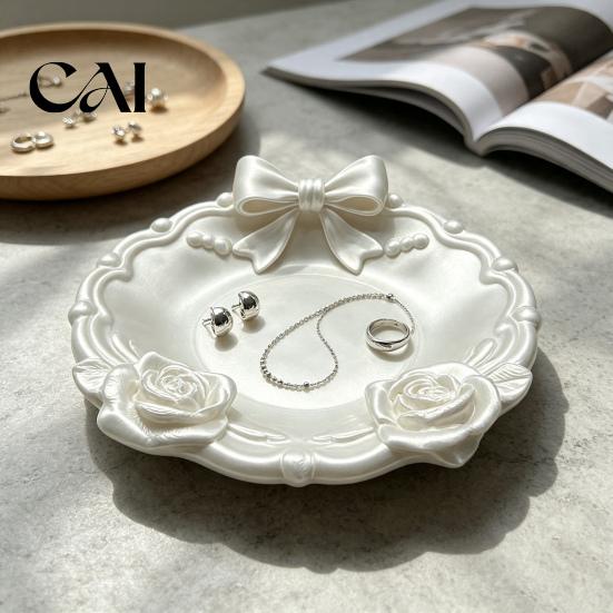 Retro Lolita Jewelry Plate 3D Printed Bow And Rose Tray, Decorative Bowknot Storage Organizer Decor for Rings Earrings Necklaces, Cute