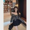 2024 Fashion One-Shoulder Bow Check Shirt & Lace-Up Pleated Skirt Set