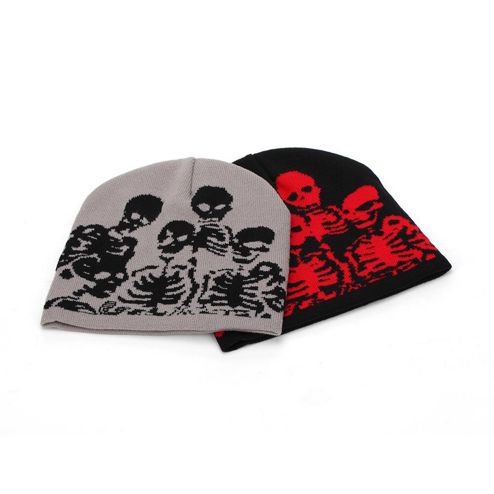 European, American autumn and winter skull group embroidered wool hat men's and women's adult knitted hat windproof pullover hat