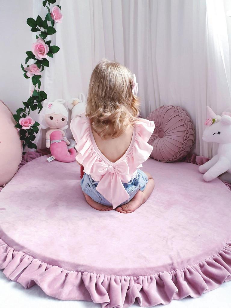 Play mat for children 100cm round with ruffles, Velvet Soft Olive