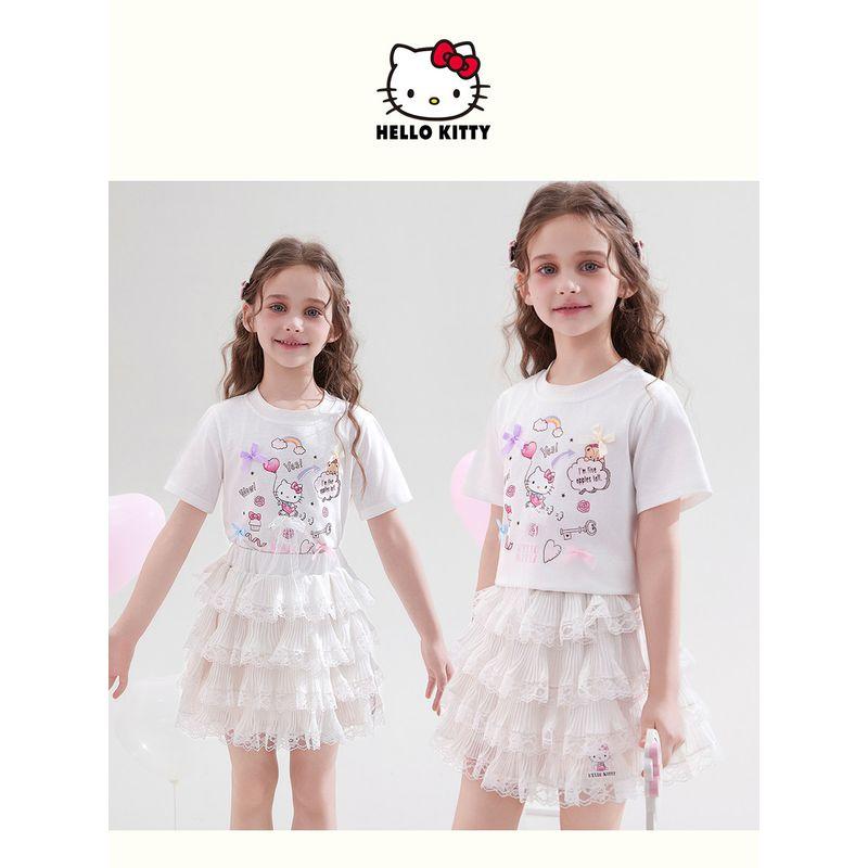 Летний костюм для девочек Hello Kitty 2025 Новый Короткий рукав Юбка для девочки Детский летний костюм Комплект из двух предметов Модный набор