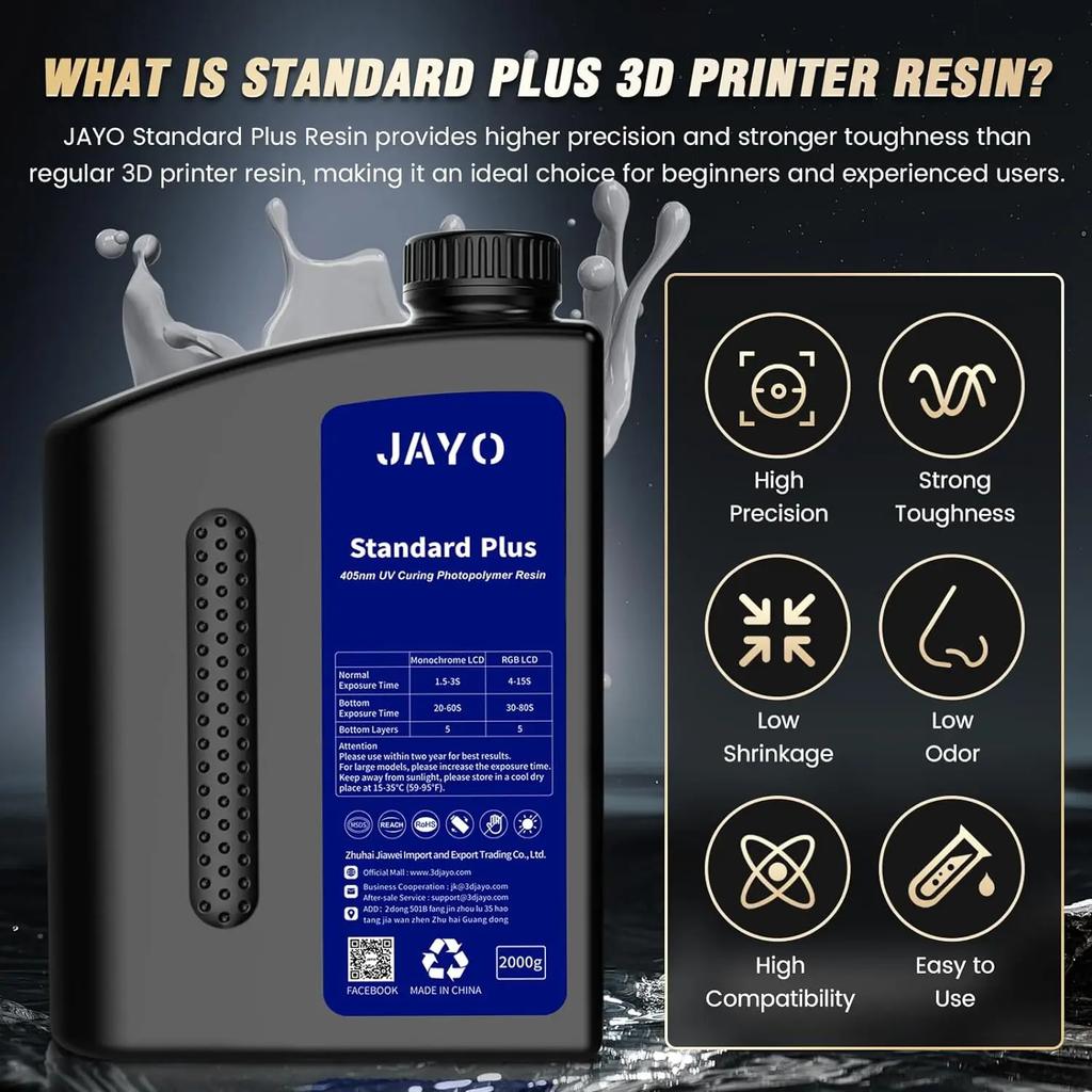 JAYO 3KG Water Washable Standard/ ABS Like Resin/ST PLUS 3D Printer Resin 405nm UV Standard Rapid Photopolymer Resin For LCD/DLP/SLA