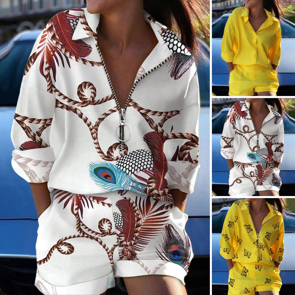 Летний женский костюм из двух частей, рубашка с длинными рукавами и шорты, подходящие женские комплекты, комплект на молнии, женская одежда