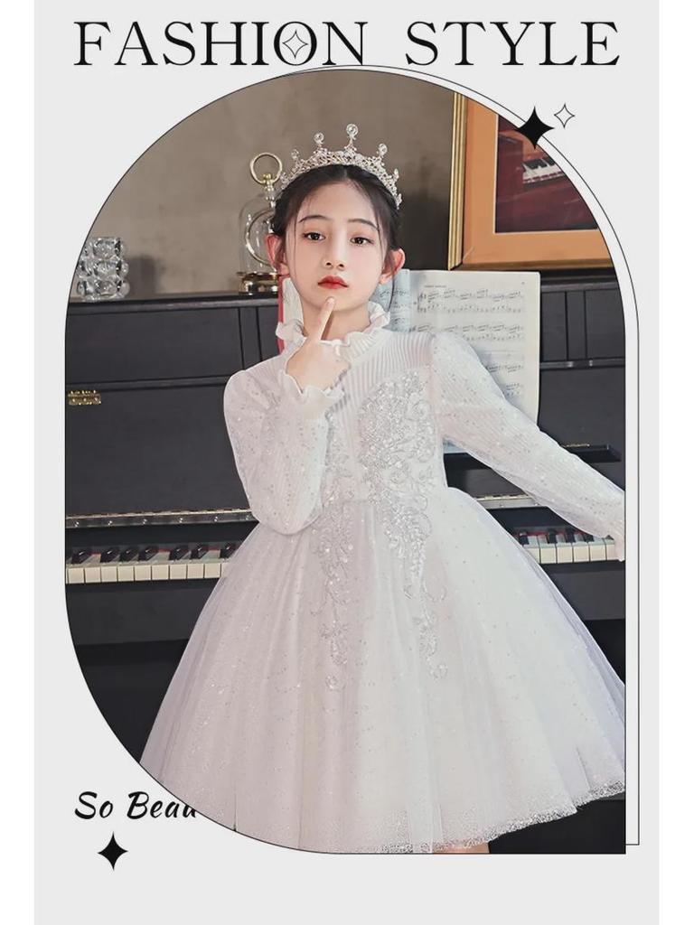 Стильное зимнее платье принцессы 2024 года для девочек: Элегантный костюм для выступления девочки-цветочницы и фортепиано