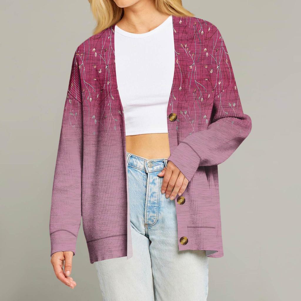 Women's Fashion Long Sleeve Print V-Neck Button Loose Cardigan Top