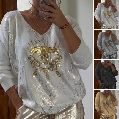 Женские повседневные топы с круглым вырезом и длинными рукавами, толстовка обычного кроя, толстовка с блестками и декором в виде глаз, горячее тиснение