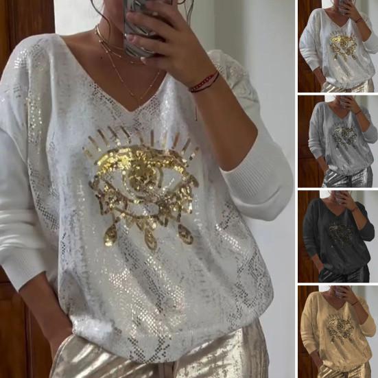Женские повседневные топы с круглым вырезом и длинными рукавами, толстовка обычного кроя, толстовка с блестками и декором в виде глаз, горячее тиснение