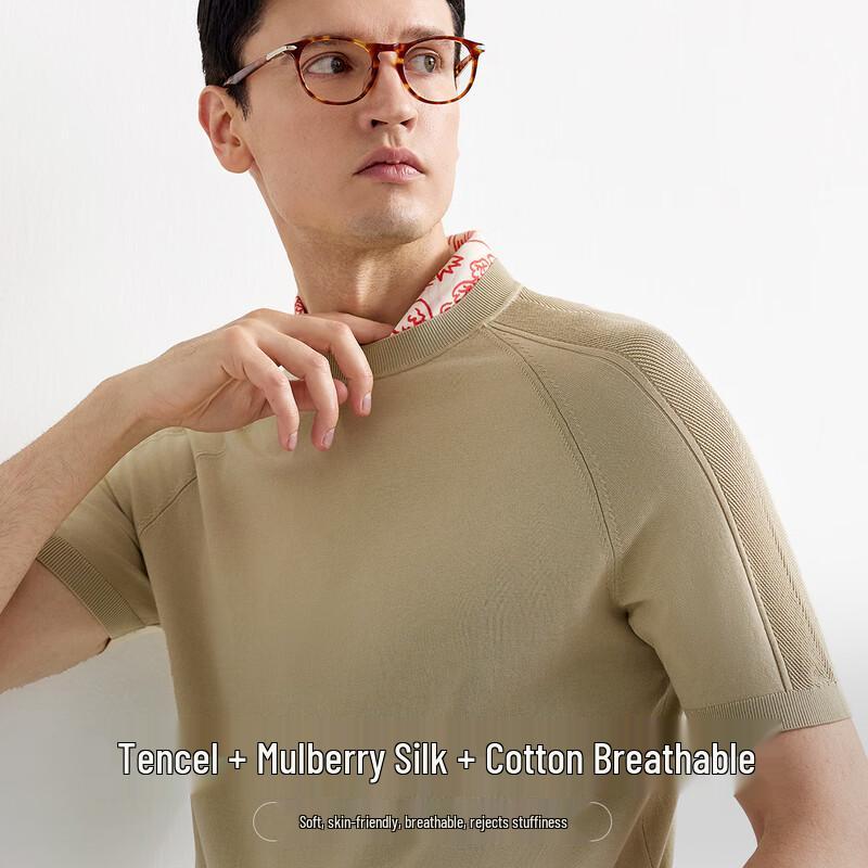 Zhuangji Men's Light Luxury Mulberry Silk Blend Round Neck T-Shirt