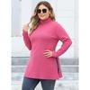 Women's Plus Size High Neck Slim Fit Base Shirt Ribbed Striped Split Mid-Length T-Shirt
