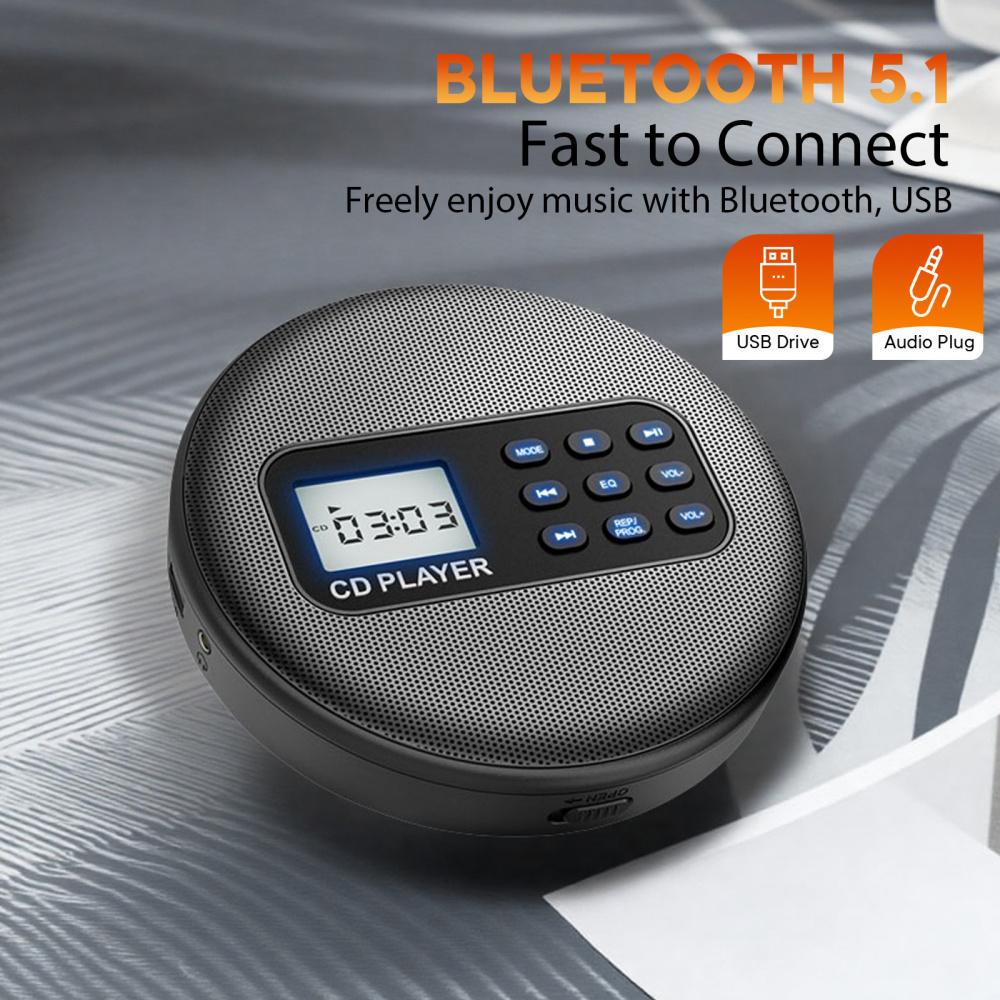 Портативный CD-плеер со встроенными стереодинамиками, Bluetooth 5.1, перезаряжаемая батарея 1500 мАч, поддержка воспроизведения CD/MP3/USB, защита от скачков, настройки эквалайзера