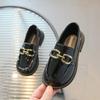 Girls Leather Shoes 2024 Spring New Kids Fashion Britain Style Casual Classic Buckle Loafers Black Glossy Breathable Slip-on PU