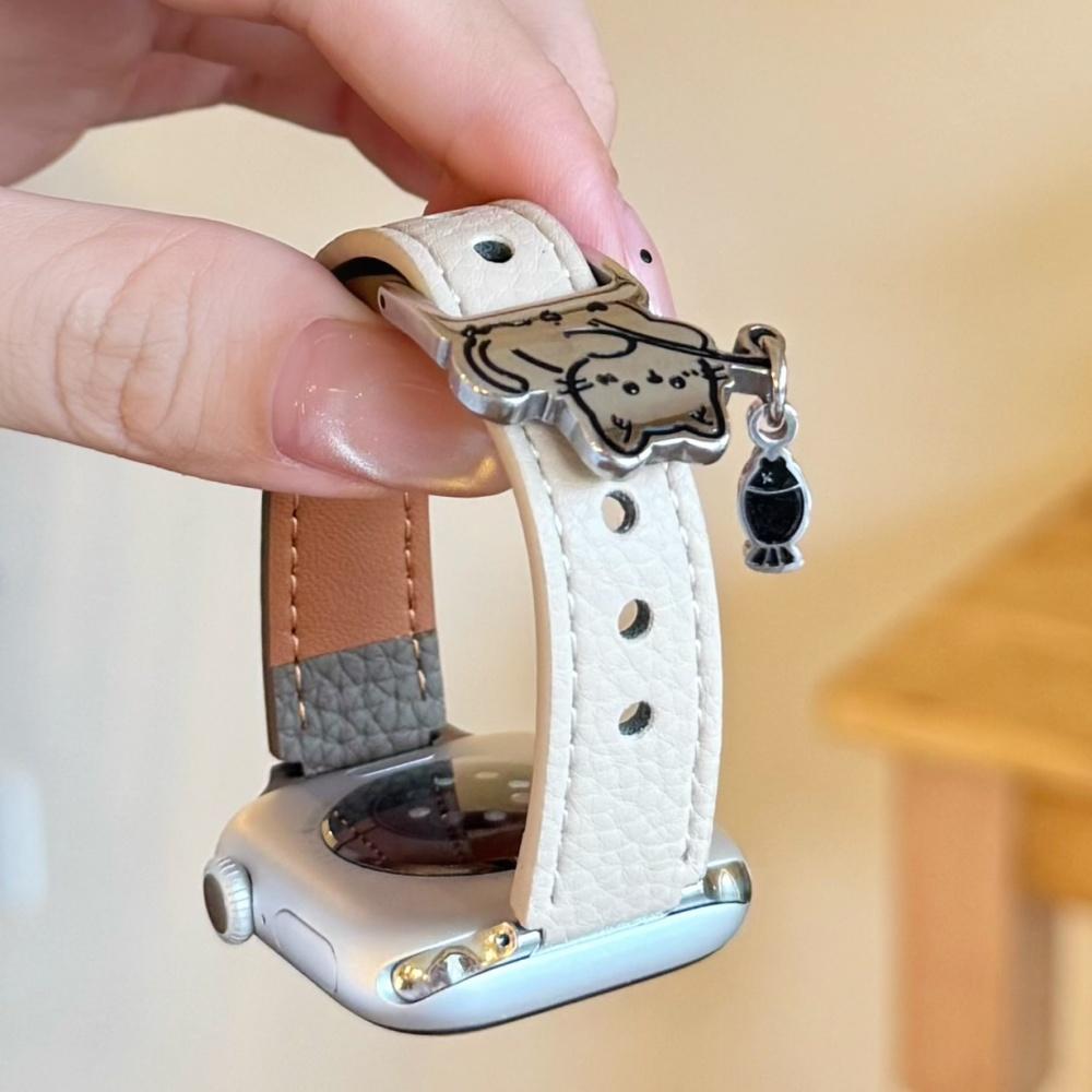 Cute litchi grain leather thin watch band for women for Apple Watch Series 12 11 10 SE1 2 3/Ultra4 3 2 1 38-49mm