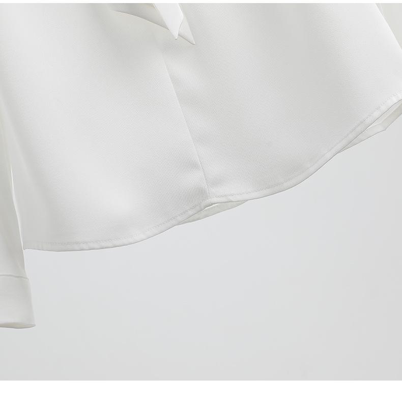 Весна 2024 Женская блузка из струящегося атласа с воротником-стойкой и завязками - Свободный крой, Профессиональный OL-дизайн