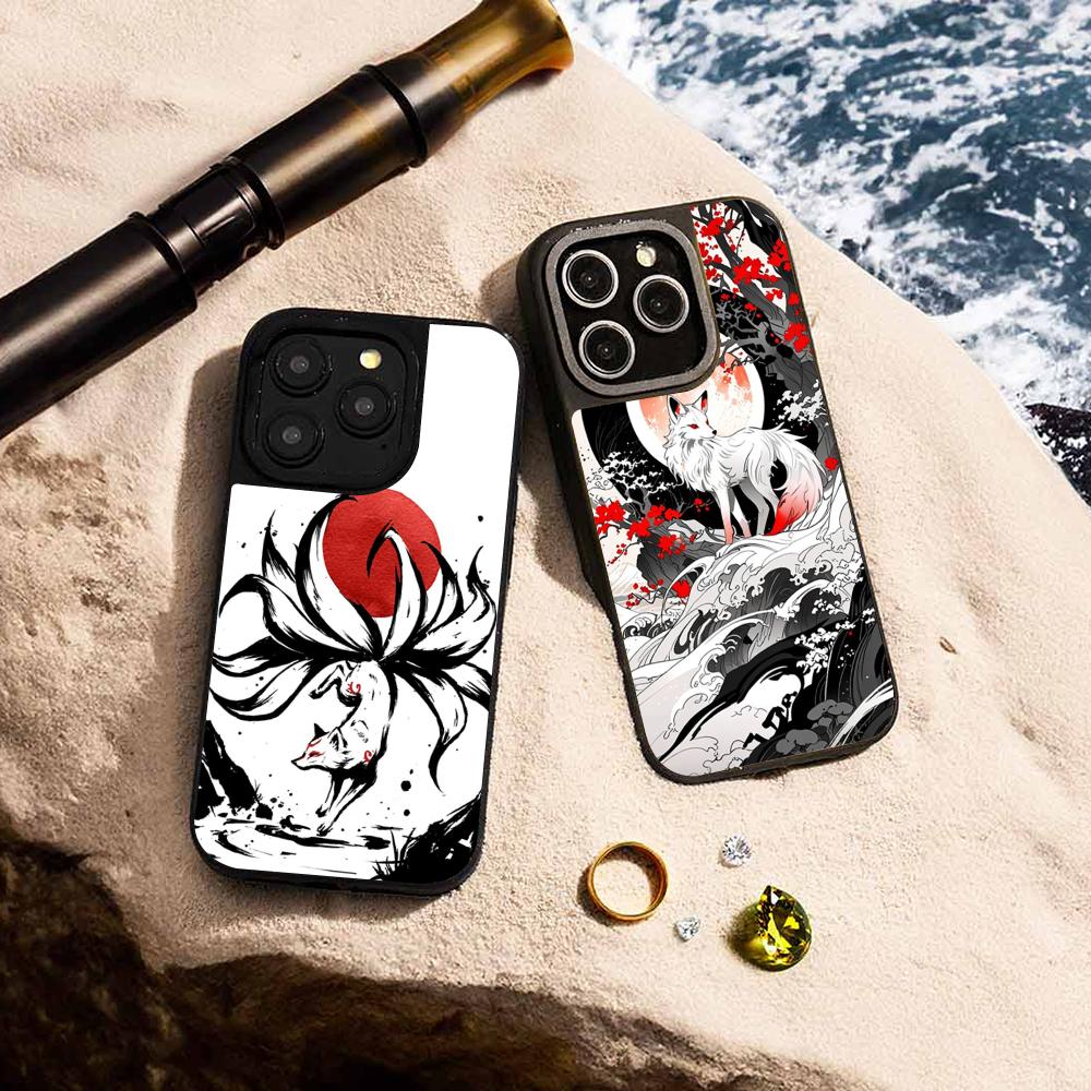 Nine-tailed fox art fashion design Phone Case for iPhone 17 16 e 15 14 13 12 Pro Max Sheepskin Silver-edged protective case