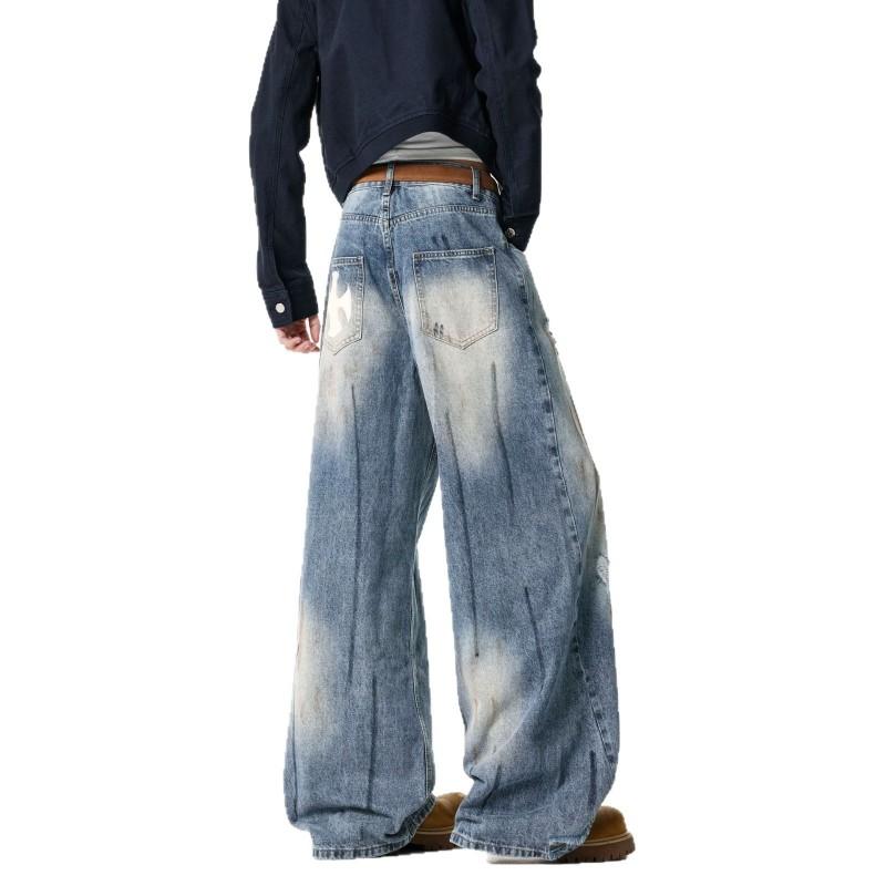 Mens Loose Wide Leg Denim Pants Light Blue Distressed Pleated Jeans American Style Streetwear
