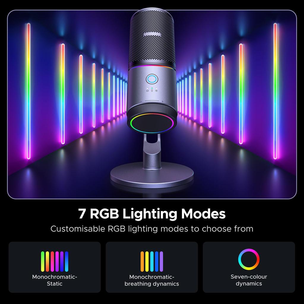 UGREEN Настольный микрофон с RGB-подсветкой USB-микрофон Кнопка отключения звука Однонаправленная диаграмма направленности Регулятор громкости Конденсаторный микрофон для PS5