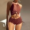 2Pcs/Set Women Summer Bikini Set Hollow Out Halter Bra High Waist Side Drawstring Swimming Trunks Set Bathing Suit Beachwear