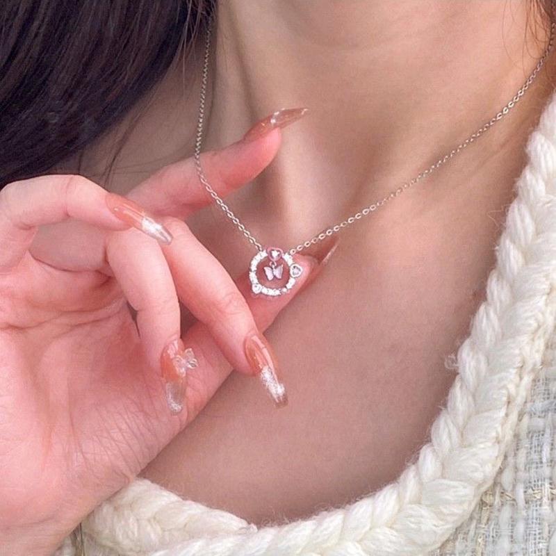 Heart Star Circles Pink Butterfly Pendant Necklace For Women Party Jewelry Gift